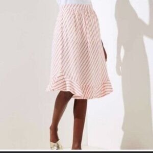 LOFT Striped Midi Skirt  Spring Size 10 White Red Ruffle Hem A-Line Women NWT